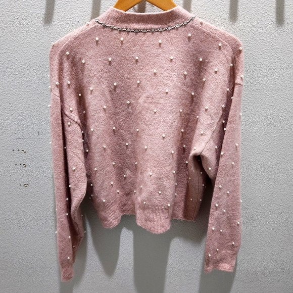 ASTR The Label Women's Faux Pearl & Rhinestones Embellished Cardigan Pink XL EUC - Picture 2 of 7